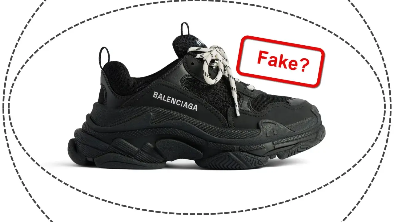 Schwarzer Balenciaga Schuh mit Schnürsenkeln und dem Schriftzug "BALENCIAGA". Ein rotes Schild fragt: "Fake?". So kannst du balenciaga schuhe fake erkennen.