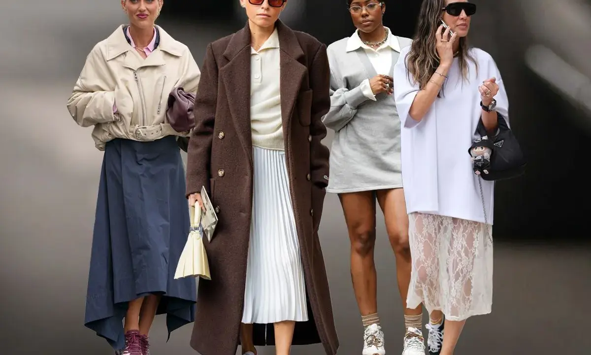Vier Frauen präsentieren modische Outfits, bei denen **Sneaker zum Kleid** kombiniert werden. Von lässig bis elegant – ein Trend für jeden Stil.