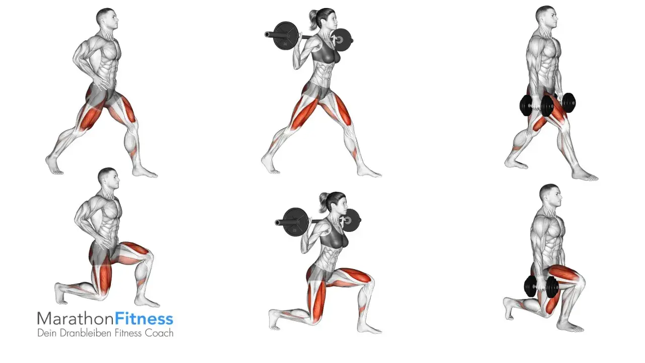 Männer und Frauen führen split squats mit Langhantel und Kurzhanteln aus. Muskeln werden hervorgehoben.