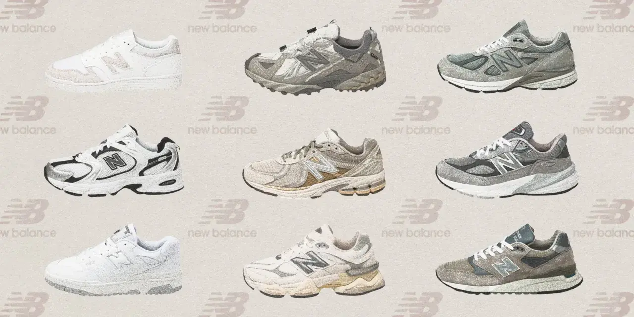 Neun Sneaker-Modelle von New Balance zeigen die Vielfalt und Unterschiede ihrer Designs, von Retro- bis zu modernen Laufschuhen.
