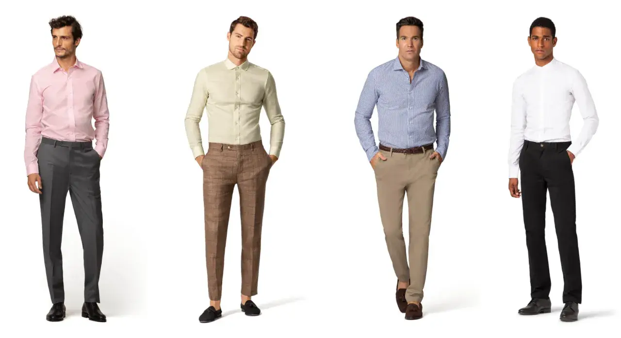 Vier Männer zeigen, was bedeutet smart casual: Hemden mit Anzughosen in verschiedenen Farben und Mustern.