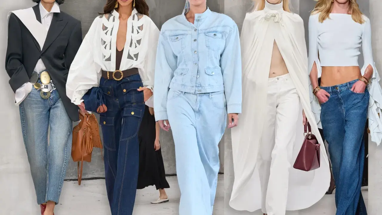 Modelle präsentieren verschiedene Styles, welche Jeans sind im Trend: weite Schnitte, Cargo-Jeans und helle Waschungen.