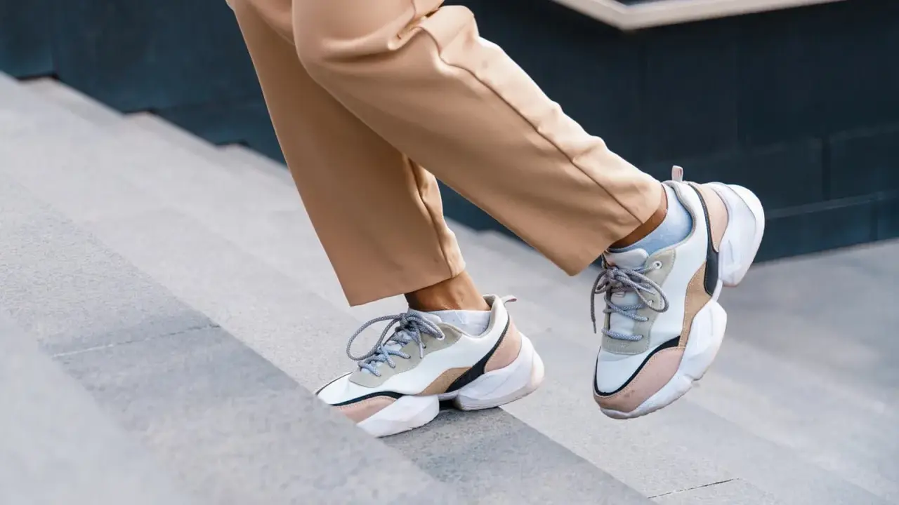 Schritte aufwärts in beigen Hosen und trendigen Sneakern mit sichtbaren Socken. Der socken in sneaker trend ist hier perfekt umgesetzt.