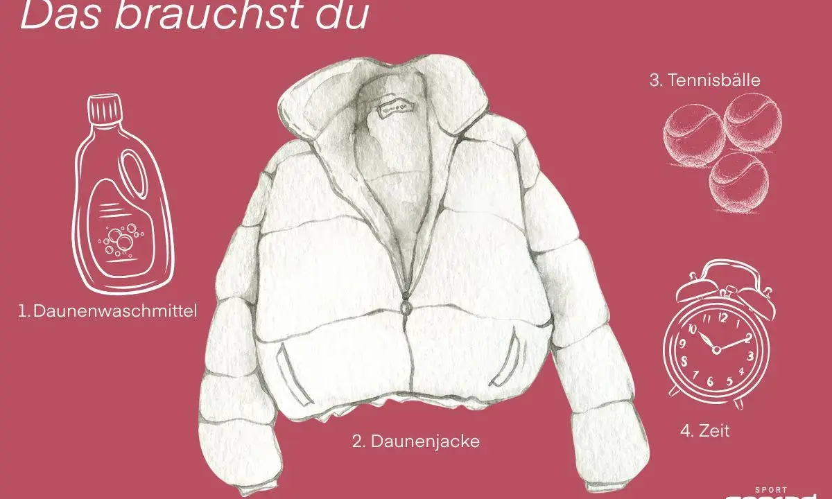 Illustration von Daunenjacke, Waschmittel, Tennisbällen und Wecker.
