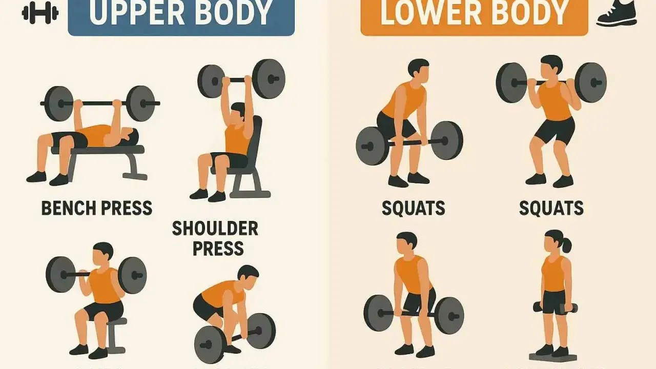 Illustration zeigt Übungen für Ober- und Unterkörper. Wie oft Sport in der Woche hängt vom Trainingsplan ab.