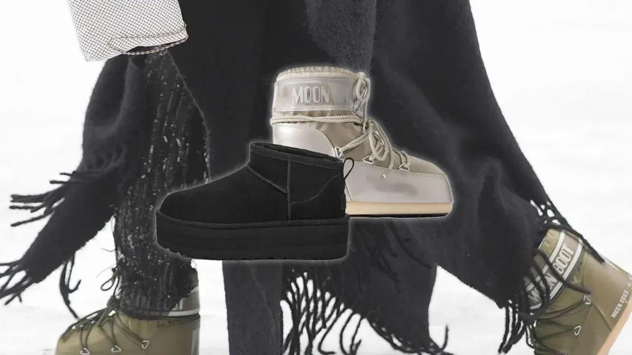 Schwarze Plateau-Stiefel und beige Moon Boots im Fokus. Diese Winterschuhe sind ein echter Trend für kalte Tage.