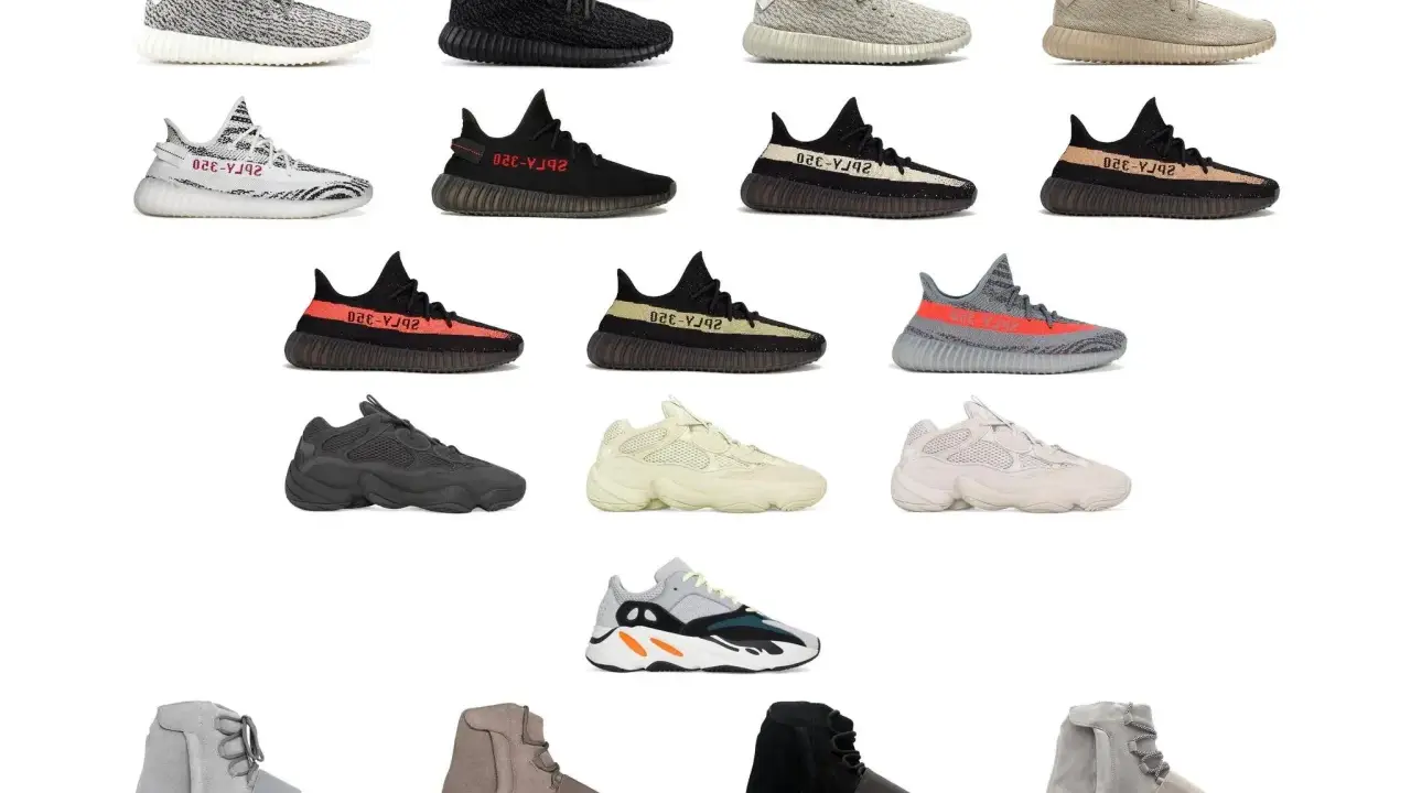 Eine Sammlung von all yeezy models in verschiedenen Farben und Stilen, von Boost 350 bis zu den klobigeren Modellen.