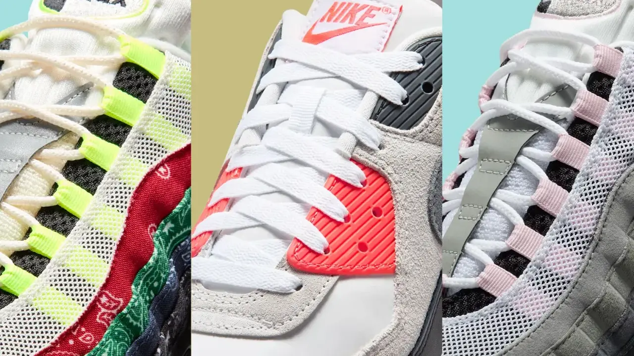 Drei verschiedene Nike Air Max Modelle im Detail. Ein bunter Paisley-Print trifft auf Neon-Akzente, ein weiterer Schuh zeigt leuchtendes Korallenrot und der dritte Sneaker besticht durch zarte Rosa-Details. Ein aufregender Air Max Release!