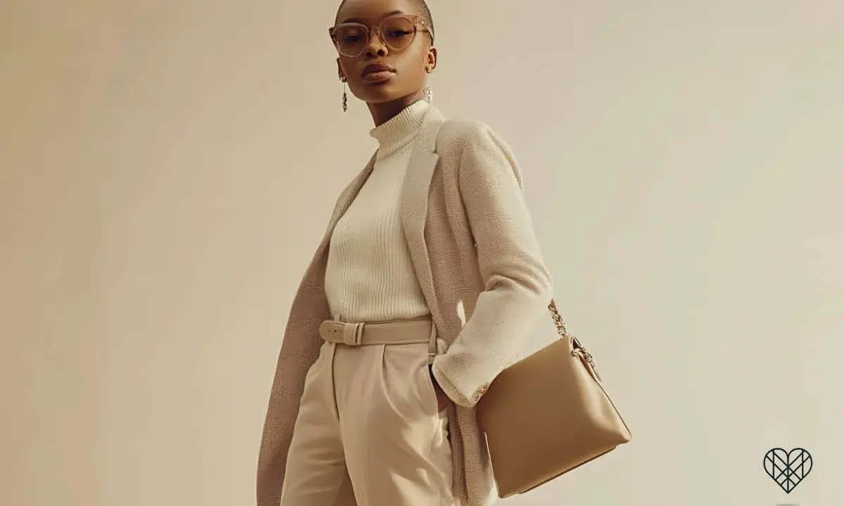 Eine Frau in einem eleganten Outfit: beige Hose, cremefarbener Rollkragenpullover und ein karierter Blazer. Perfekt, um beige Hose zu kombinieren.