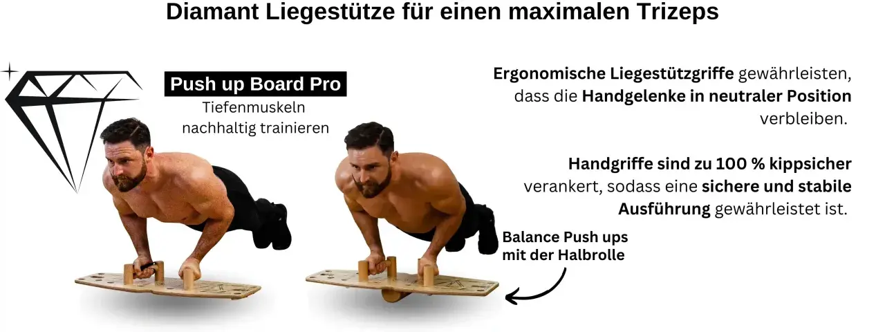 Mann macht Diamant Liegestütze auf einem Trainingsbrett für maximale Trizeps-Kraft. Ergonomische Griffe sorgen für Stabilität.