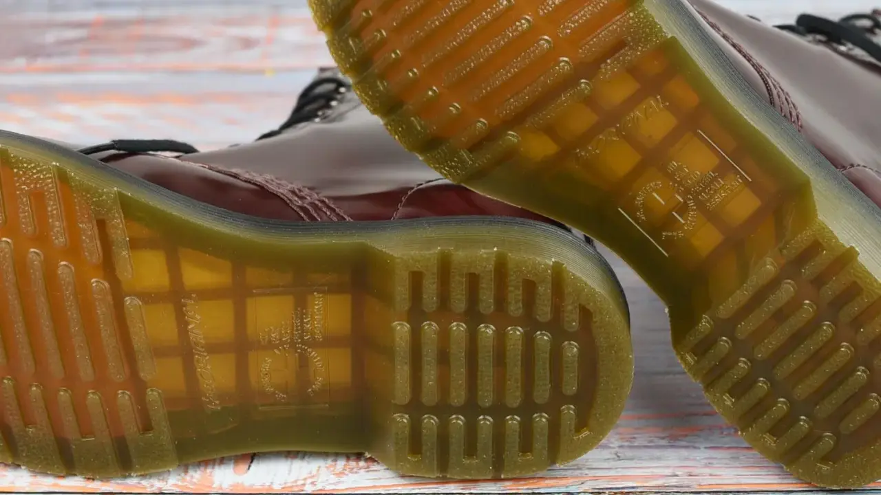Die charakteristische, gelbe Naht und das Profil der **Dr. Martens Sohle original** sind auf dem Holzuntergrund zu sehen.