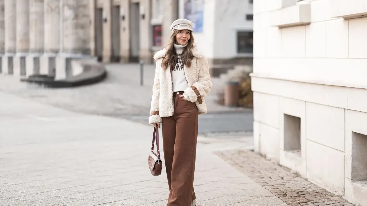 Frau in brauner Cordhose und Teddyjacke, zeigt, wie man Cordhose kombiniert Herren.