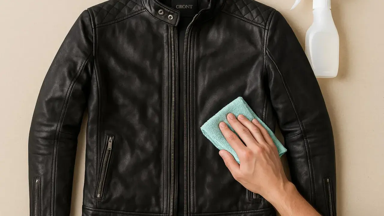 Schwarze Lederjacke reinigen mit einem Tuch und Sprühflasche. Pflegen Sie Ihre Lederjacke für lange Haltbarkeit.