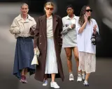 Vier Frauen präsentieren modische Outfits, bei denen **Sneaker zum Kleid** kombiniert werden. Von lässig bis elegant – ein Trend für jeden Stil.