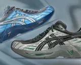 Zwei sportliche Sneaker, ein blauer und ein silberner mit grünen Akzenten, im Stil von Kiko Kostadinov, schweben vor einem abstrakten Hintergrund.