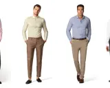 Vier Männer zeigen, was bedeutet smart casual: Hemden mit Anzughosen in verschiedenen Farben und Mustern.