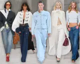 Modelle präsentieren verschiedene Styles, welche Jeans sind im Trend: weite Schnitte, Cargo-Jeans und helle Waschungen.
