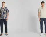 Zwei Männer präsentieren Outfits: links mit gemustertem Hemd und dunklen Hosen, rechts mit hellem Poloshirt. Blaue Chino kombinieren Herren stilvoll.