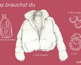 Illustration von Daunenjacke, Waschmittel, Tennisbällen und Wecker.