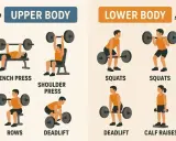 Illustration zeigt Übungen für Ober- und Unterkörper. Wie oft Sport in der Woche hängt vom Trainingsplan ab.