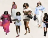 Sechs Frauen präsentieren verschiedene Outfits mit Röcken und passenden Schuhen. Von eleganten Pumps bis zu lässigen Sandalen – die Auswahl an Schuhe zum Rock ist vielfältig.