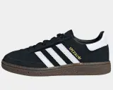 Schwarzer Adidas Schuh mit weißen Streifen und goldener "Spezial"-Prägung. Perfekt zum schnüren und loslegen!