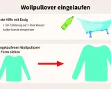 Ein eingelaufener Wollpullover wird mit Essigwasser in der Badewanne eingeweicht und dann in Form gezogen.