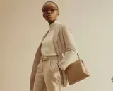 Eine Frau in einem eleganten Outfit: beige Hose, cremefarbener Rollkragenpullover und ein karierter Blazer. Perfekt, um beige Hose zu kombinieren.