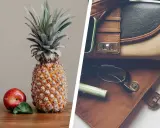 Ananas und ein Apfel auf einem Tisch, daneben eine Tasche mit Brille und Lippenstift. Veganes Leder, woraus besteht es?