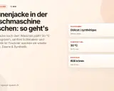 Anleitung: Daunenjacke in der Waschmaschine waschen ohne Trockner. Schonprogramm, 30°C, sanftes Schleudern.