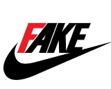 Das Wort "FAKE" in Rot und Schwarz über dem bekannten Nike-Swoosh.