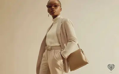 Eine Frau in einem eleganten Outfit: beige Hose, cremefarbener Rollkragenpullover und ein karierter Blazer. Perfekt, um beige Hose zu kombinieren.