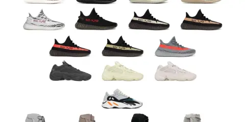 Eine Sammlung von all yeezy models in verschiedenen Farben und Stilen, von Boost 350 bis zu den klobigeren Modellen.