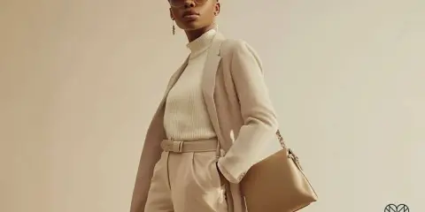 Eine Frau in einem eleganten Outfit: beige Hose, cremefarbener Rollkragenpullover und ein karierter Blazer. Perfekt, um beige Hose zu kombinieren.