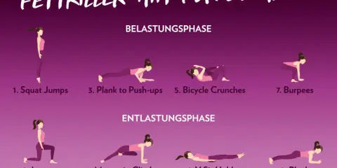 HIIT Cardio-Übungen für zu Hause: Squat Jumps, Lunges, Plank to Push-ups, Mountain Climbers, Bicycle Crunches, V-Sit Hold, Burpees, Plank.