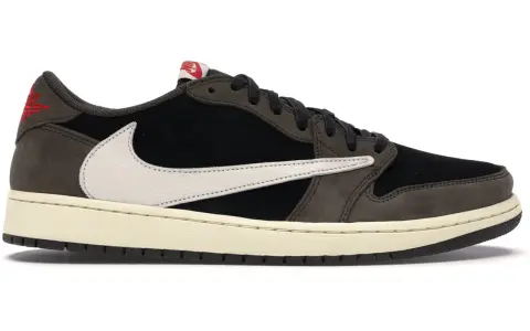 Travis Scott Mocha Sneaker mit weißem Swoosh und cremefarbener Sohle.