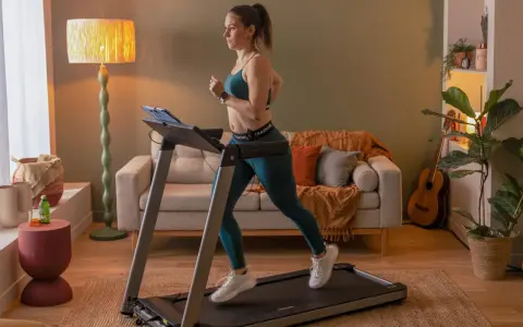 Frau macht Intervalltraining auf Laufband im Wohnzimmer. Sie trägt Sportkleidung und läuft mit Energie.