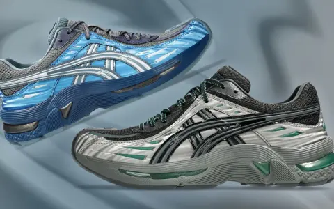 Zwei sportliche Sneaker, ein blauer und ein silberner mit grünen Akzenten, im Stil von Kiko Kostadinov, schweben vor einem abstrakten Hintergrund.