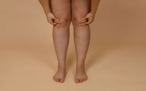 Frau greift an ihre Knie, um Fett an Knie Innenseite zu trainieren.