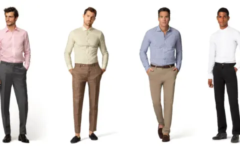 Vier Männer zeigen, was bedeutet smart casual: Hemden mit Anzughosen in verschiedenen Farben und Mustern.