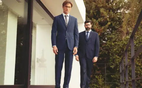 Zwei Männer in eleganten Anzügen, die aktuelle Anzug Trends verkörpern, stehen auf einer Holzterrasse vor einem modernen Gebäude.