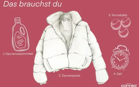 Illustration von Daunenjacke, Waschmittel, Tennisbällen und Wecker.