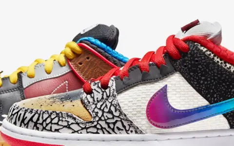Bunte Nike SB Dunks mit verschiedenen Mustern und Schnürsenkeln. Die Bedeutung von Nike SB liegt in der Skateboarding-Kultur.
