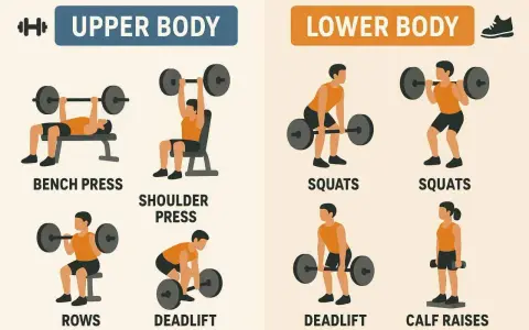 Illustration zeigt Übungen für Ober- und Unterkörper. Wie oft Sport in der Woche hängt vom Trainingsplan ab.