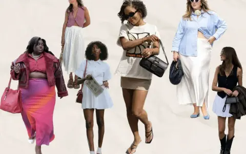 Sechs Frauen präsentieren verschiedene Outfits mit Röcken und passenden Schuhen. Von eleganten Pumps bis zu lässigen Sandalen – die Auswahl an Schuhe zum Rock ist vielfältig.