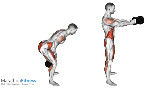 Kettlebell Swing: Die Muskeln werden beim Schwung mit der Kettlebell gezeigt.