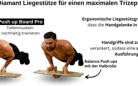 Mann macht Diamant Liegestütze auf einem Trainingsbrett für maximale Trizeps-Kraft. Ergonomische Griffe sorgen für Stabilität.