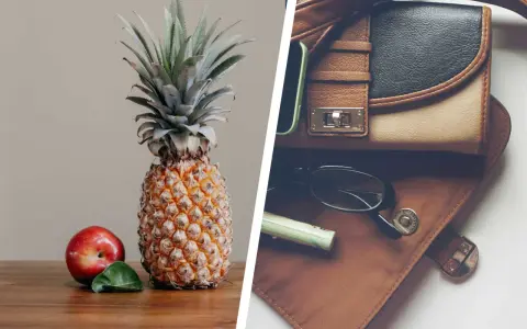 Ananas und ein Apfel auf einem Tisch, daneben eine Tasche mit Brille und Lippenstift. Veganes Leder, woraus besteht es?