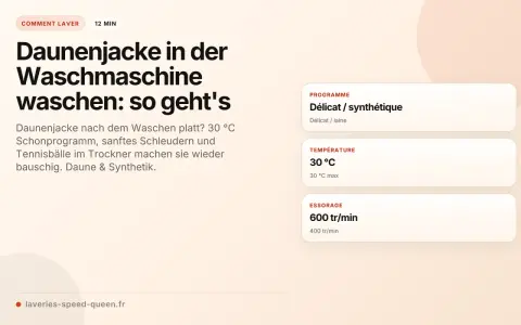 Anleitung: Daunenjacke in der Waschmaschine waschen ohne Trockner. Schonprogramm, 30°C, sanftes Schleudern.