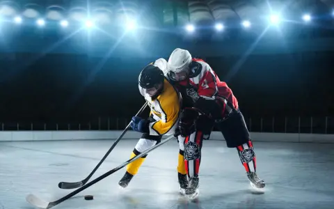 Zwei Eishockeyspieler im Kampf um den Puck. Perfekt, um zu sehen, was anziehen zum Eishockey gucken: warme Kleidung und gute Laune!
